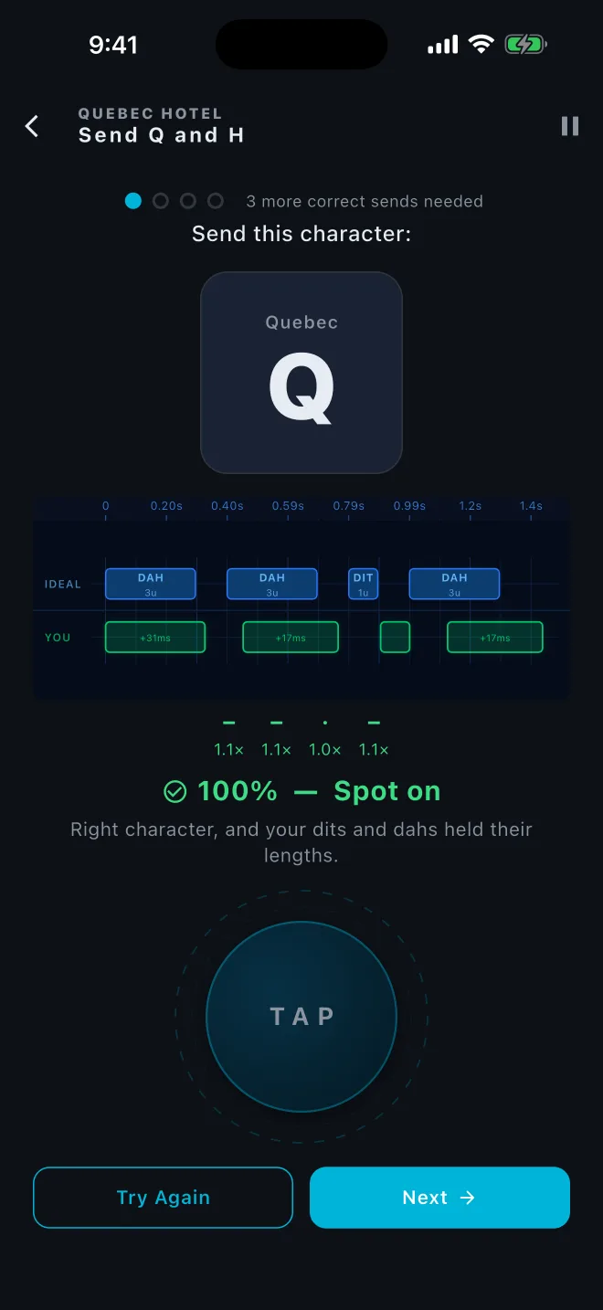 A sending lesson marking a Q as spot on, with each dit and dah measured