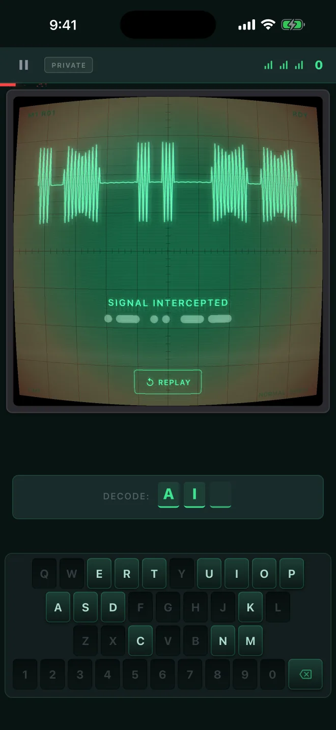 Signal Intercept: a message being decoded letter by letter on a radar screen